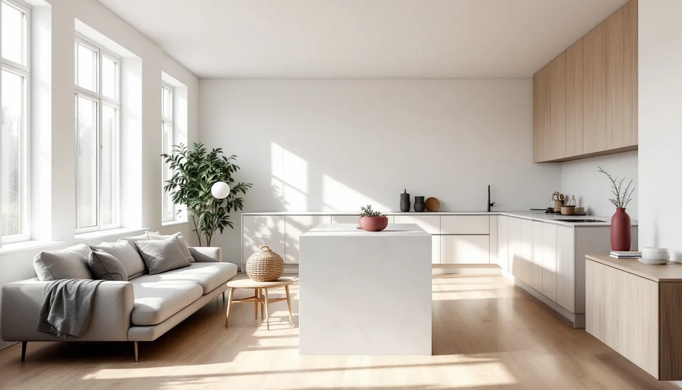 A symmetrical, light-filled kitchen with a banded gneiss island and white oak cabinetry