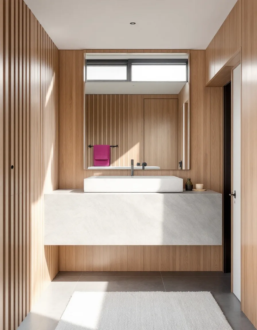 A bathroom with a honed gneiss vanity and oak slat wall